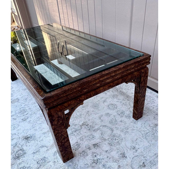 Brown Vintage Burl Finish Chinoiserie Coffee Table With Glass For Sale - Image 8 of 12