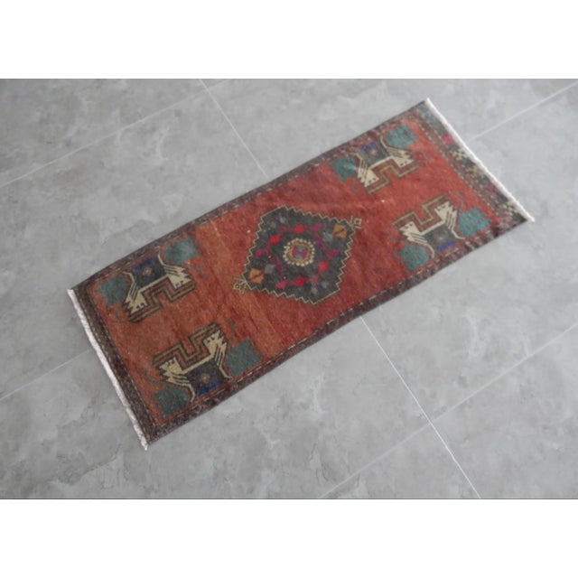 Rustic Kurdish Small Rug Distressed Low Pile Yastik Runner Faded Colors Rug 1′7″ × 3′11″ For Sale - Image 3 of 9
