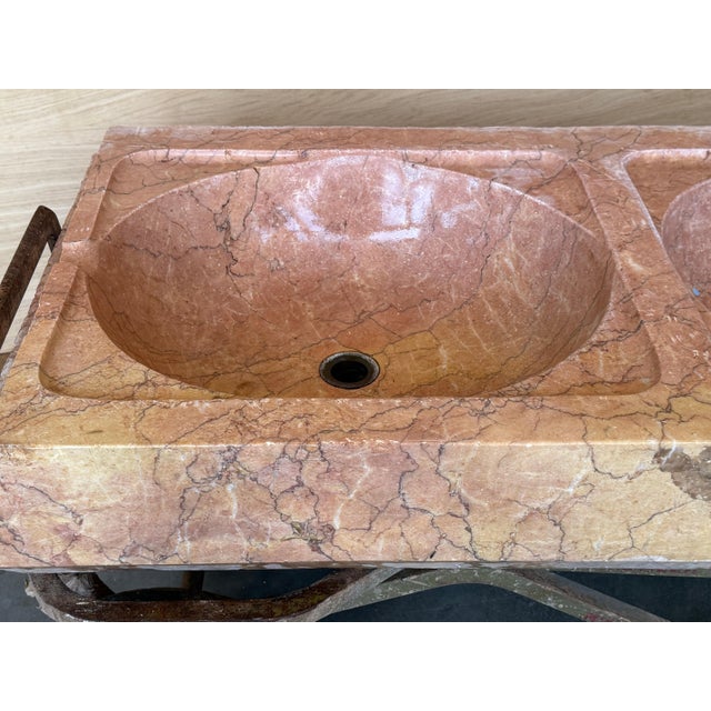 19th Century Antique Hand Carved Pink Marble Double Basin Kitchen Sink