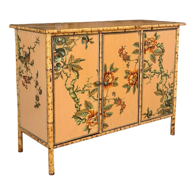 Vintage Coastal Tortoise Bamboo Sideboard Cabinet With Floral Decoupage & Crackle Finish For Sale