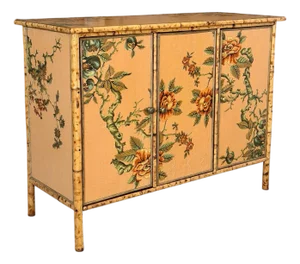 Vintage Coastal Tortoise Bamboo Sideboard Cabinet With Floral Decoupage & Crackle Finish