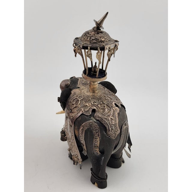 Rare Antique Indian Ebony Silver Overlay Jeweled Elephant W Real Ruby Stone. For Sale - Image 12 of 18