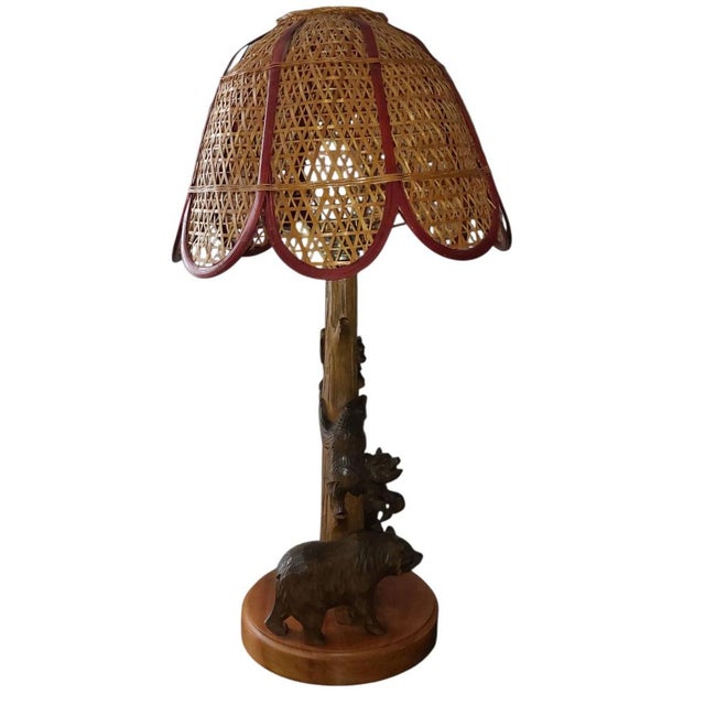 Black Forest Rustic Bear Family Table Lamp with Wicker Shade, 1950s For Sale - Image 3 of 6