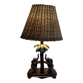Vintage Tropical Elephant Palm Tree Table Lamp With Woven Rattan Shade For Sale