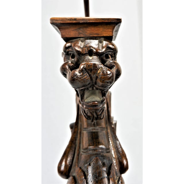 Wood Late 19th Century Wood Carved Griffins Elements Lamps With Custom Shades - a Pair For Sale - Image 7 of 13