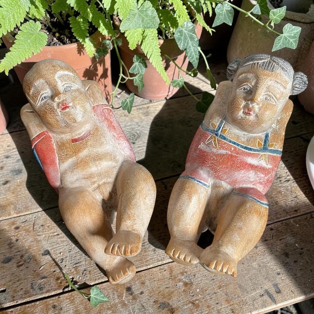 Discover the exquisite craftsmanship of our Antique Chinese Wood Carved Karako Boy Girl Reclining Melon Child Buddha...