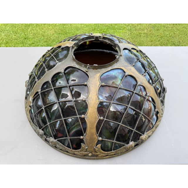 1960s Tiffany-Style Iridescent Glass & Bronze Turtleback Tile 26" Shade (Shade Only) For Sale - Image 6 of 18