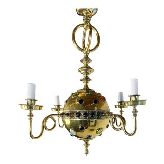 Early 20th Century Brass Moroccan Style Chandelier with Colored Stones For Sale