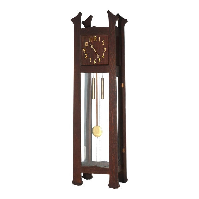 Antique Arts & Crafts Mission Stickley School Oak Grandfather Clock Circa 1910 For Sale