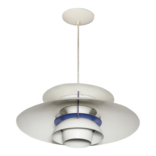 Mid-Century Ph5 Pendant White & Blue Enamel Chandelier by Poul Henningsen For Sale