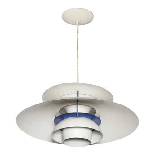 Mid-Century Ph5 Pendant White Blue Enamel Chandelier by Poul