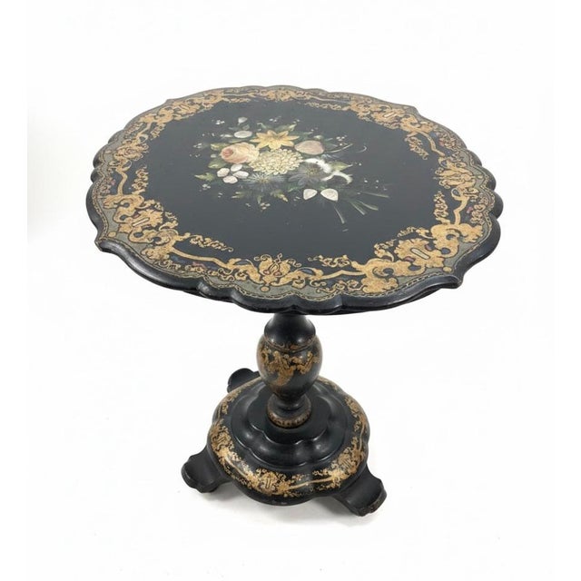 Victorian 1990s Victorian Papier-Mâché & Mother-of-Pearl Inlay Pedestal Side Table For Sale - Image 3 of 7