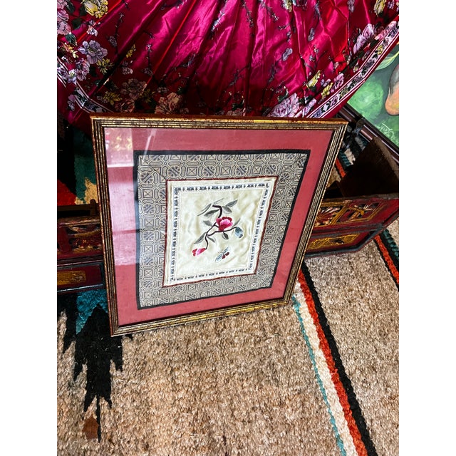 Wood Hand Embroidered Vintage Asian Style Silk Artwork, Framed For Sale - Image 7 of 8