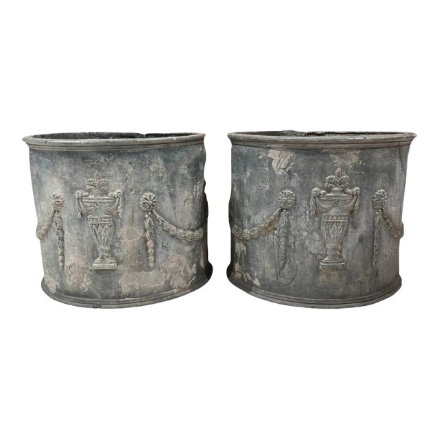 Antique English Pair of Lead Antique Planters W/Amphorae & Garland Relief For Sale