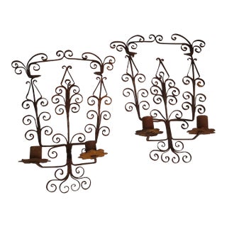 Pair of 1940s Hand-Wrought Iron Double Sconces For Sale