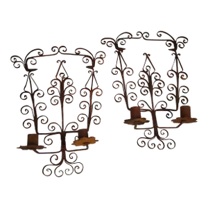 Pair of 1940s Hand-Wrought Iron Double Sconces