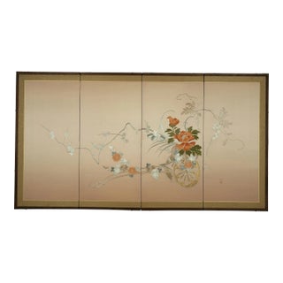 1950s Japanese Byobu 4-Panel Folding Screen Featuring an Embroidered Flower Cart on Light Golden Orange Background For Sale