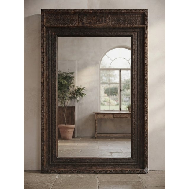 Antique Indian Doorway Dark Teak Carved Wood Huge Floor Mirror Frame | Handcrafted Vintage Full-Length Statement Mirror Frame For Sale In Orlando - Image 6 of 6