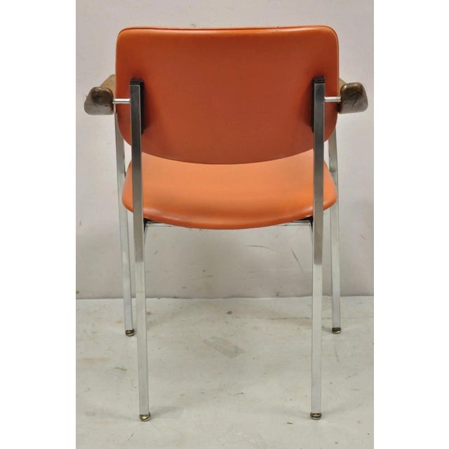 Vintage Mid Century Modern Orange Chrome Frame Sloped Wood Arm Side Desk Chair For Sale - Image 10 of 12