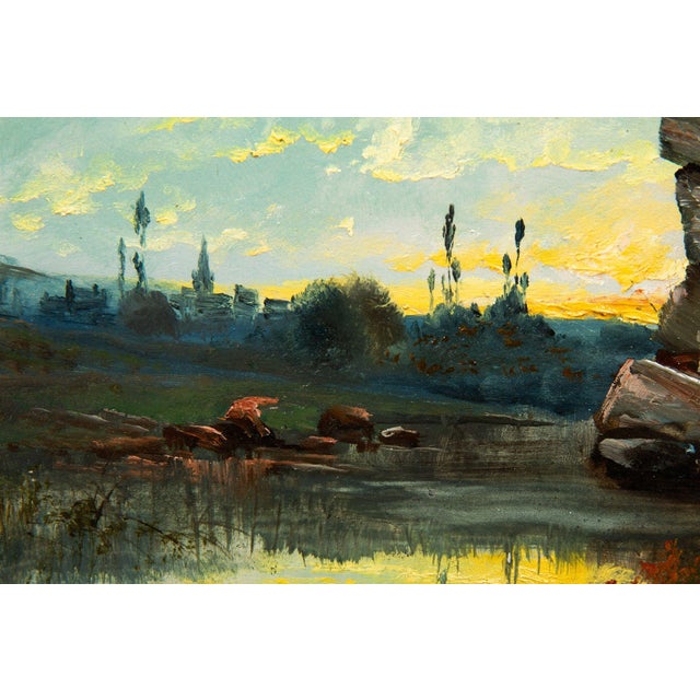 French Barbizon Antique Oil Painting of Evening Landscape by Jean Bain For Sale - Image 12 of 12