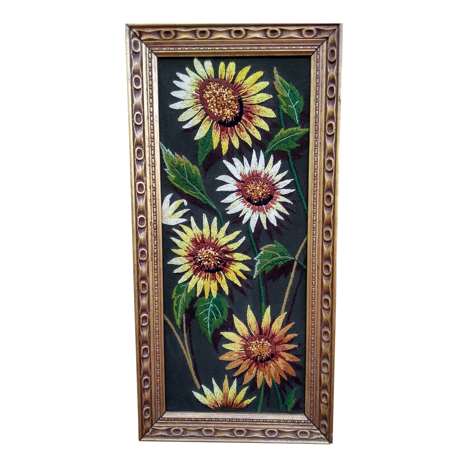 Mid 20th Century Sunflowers Needlepoint in Wood Gilt Frame | Chairish