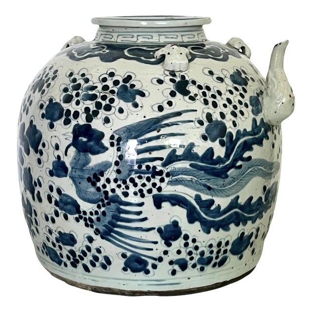 Rare 19th. Century Large Chinese Blue and White Phoenix (Wine) Vessel / Pot For Sale
