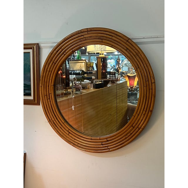 Boho Chic Italian Mid 20th Century Burnt Bamboo Rattan Round Layered Mirror For Sale - Image 3 of 8
