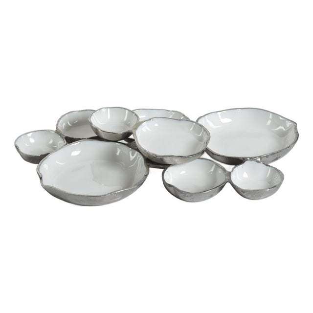 Cluster of Nine Round Serving Bowls with White Enamel Interior For Sale