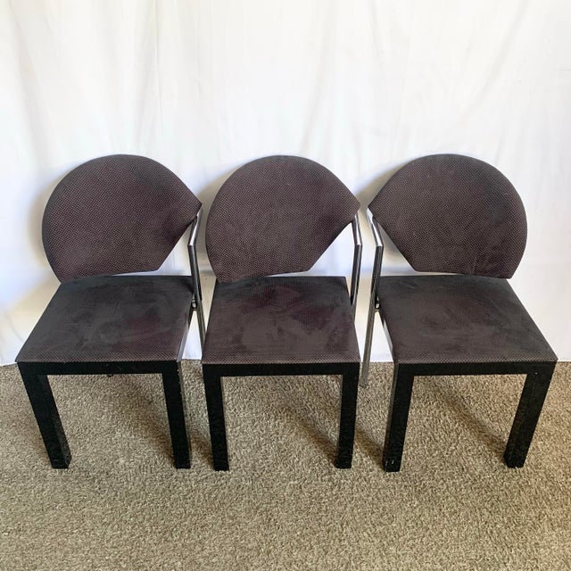 Sleek and sculptural, this set of three Giovanni Offredi style Parsons chairs embodies sophisticated Postmodern design....