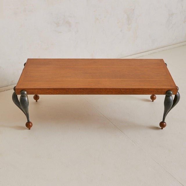1950s French Oak + Hammered Iron Rectangular Coffee Table, 1950s For Sale - Image 5 of 9