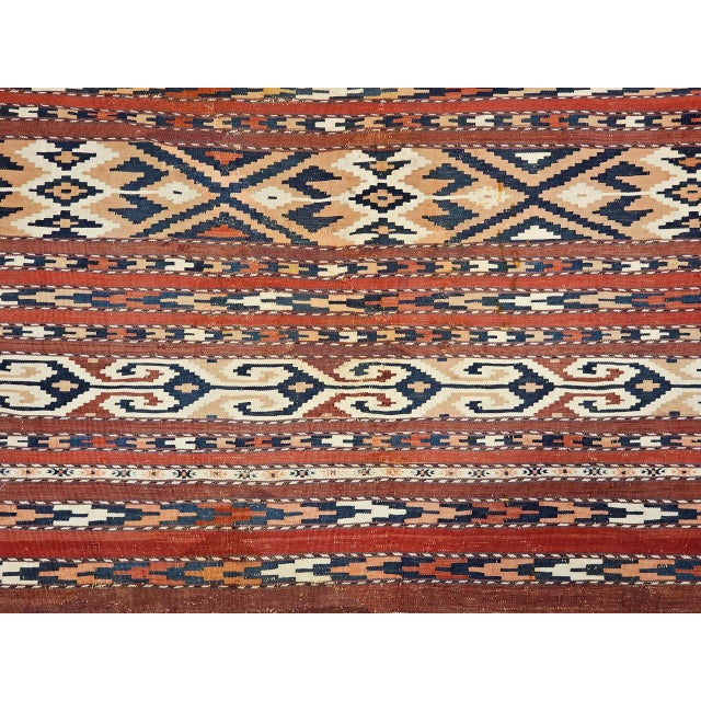Antique Turkmen Yomut Soumak Kilim, Handwoven Wool, Geometric Pattern, Rust & Blue, 5x10 For Sale In Chicago - Image 6 of 13