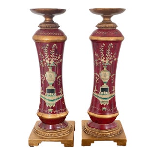 Vintage Red Chinoiserie Painted Floral Pillar Candleholders- a Pair For Sale
