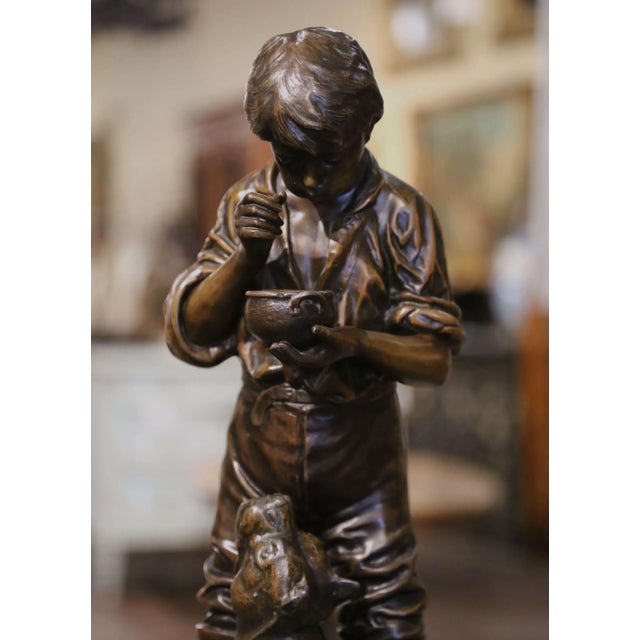 Beaux-Arts Early 20th C. Belgian Patinated Spelter Sculpture of Boy Feeding Dog by Rousseau For Sale - Image 3 of 12
