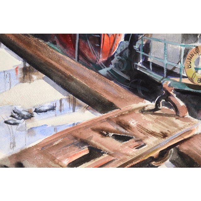 Bonnie Bill - Tugboat at the Dock in Boston - Seascape in Watercolor on Paper by Claire Weist For Sale - Image 4 of 8