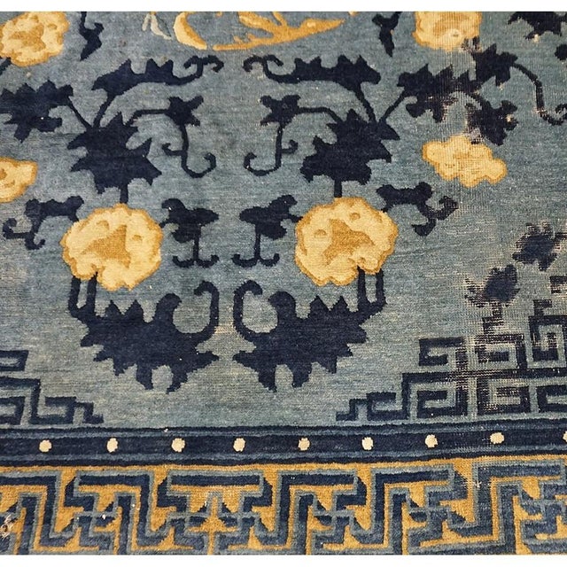 Late 19th Century Antique 1880s Blue Classic Greek Key Chinese Peking Knotted Wool Small Rug For Sale - Image 5 of 9
