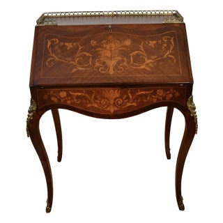 1900s Antique French Louis XV Mahogany Floral Inlay Secretary/ Ladies Desk For Sale