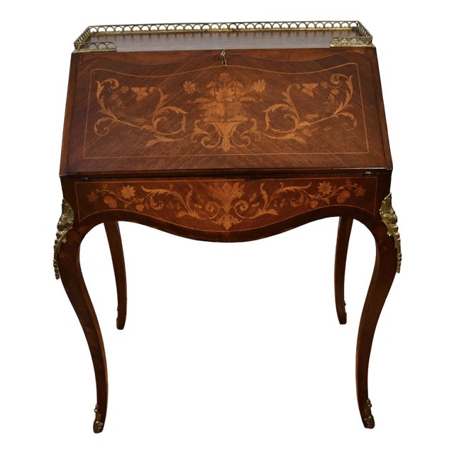 1900s Antique French Louis XV Mahogany Floral Inlay Secretary/ Ladies Desk For Sale