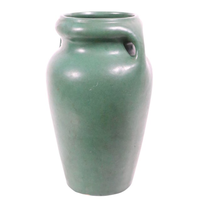 Mission Arts and Crafts Green Matte Glaze Pottery Vase C. 1910's For Sale - Image 3 of 11