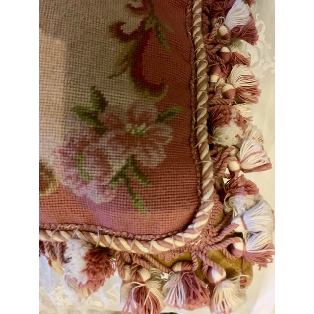 Textile Vintage Tapestry Floral Aubusson Wool Decorative Pillow With Tassels Trim Reversible to Solid Velvet 19” X 19” For Sale - Image 7 of 12
