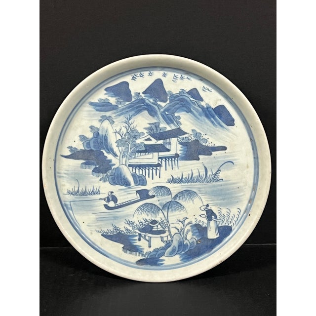 Latre 20th Century Chinese Art Porcelain Blue and White Plate Mountain Scenery Design For Sale - Image 4 of 11