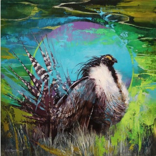 The Gunnison Sage-Grouse by Lindsey Kustusch | Oil on wood panel Bird with colorful background For Sale