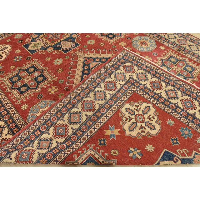 Kazak Rug 11′ X 14’9” Red Wool Tribal Hand-Knotted Oriental Carpet For Sale - Image 14 of 15