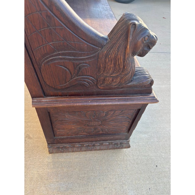 Victorian Mid 19th Century Victorian Oak Monk's Bench or Settle With Carved Lion Arms and a Hinged Seat For Sale - Image 3 of 9