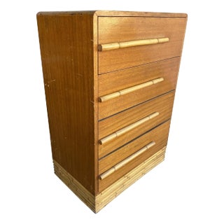 1950s Restored Mid-Century Waterfall Highboy Mahogany Dresser W/ Stacked Rattan Base For Sale