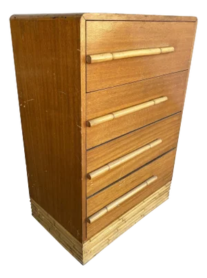 1950s Restored Mid-Century Waterfall Highboy Mahogany Dresser W/ Stacked Rattan Base