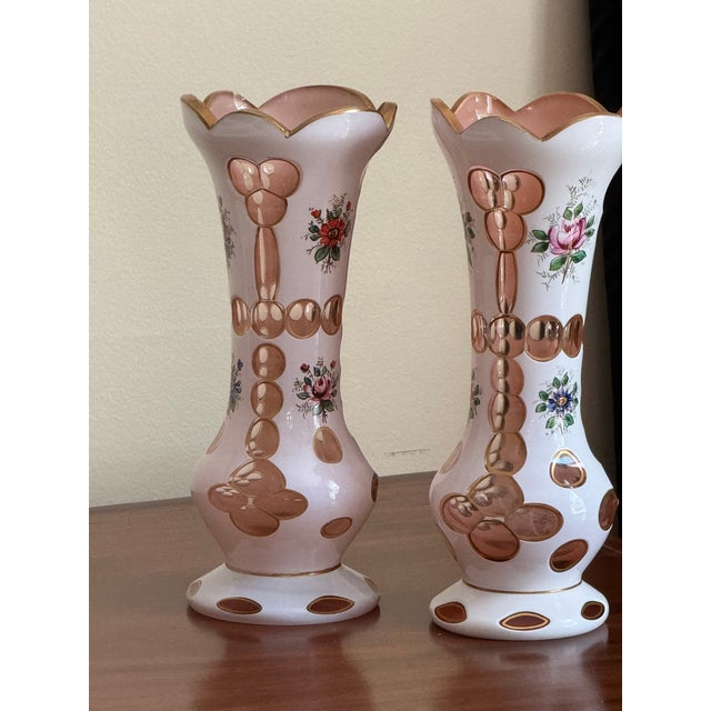 Victorian Pair of Antique Bohemian Cased Art Glass Vases White and Blush Pink Enamel Floral - 2 Pieces For Sale - Image 3 of 11