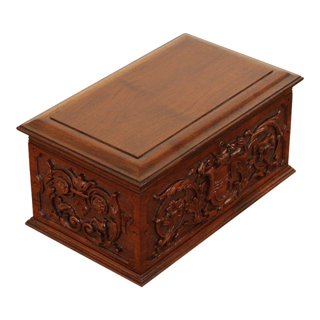 Antique Carved Walnut Humidor Box For Sale