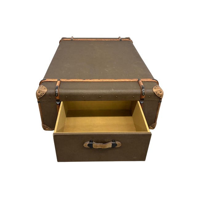 Brown Vintage Campaign-Style Steamer Trunk Coffee Table With 2 Drawers For Sale - Image 8 of 11