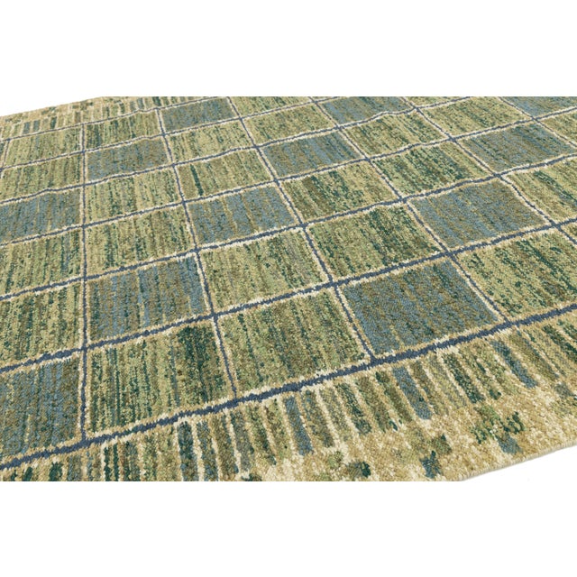 2010s Modern Swedish-Style Flatweave Wool Rug – Moss Green & Slate Blue Geometric Grid For Sale - Image 5 of 10