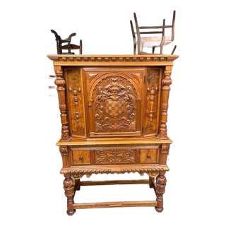 Antique Hand Carved Dresser Cabinet, Berkey & Gay, Jacobean Revival, Walnut and Burl Wood For Sale